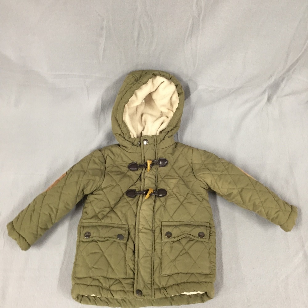 Perry Ellis Boy Quilted Hooded Jacket Olive Green Toggle Coat 24M Elbow‎ Patches